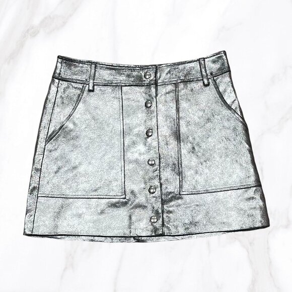 NWOT FRAME Women's 100% Lambskin Metallic Button Up Mini Skirt, Size 25‎ - Picture 1 of 5